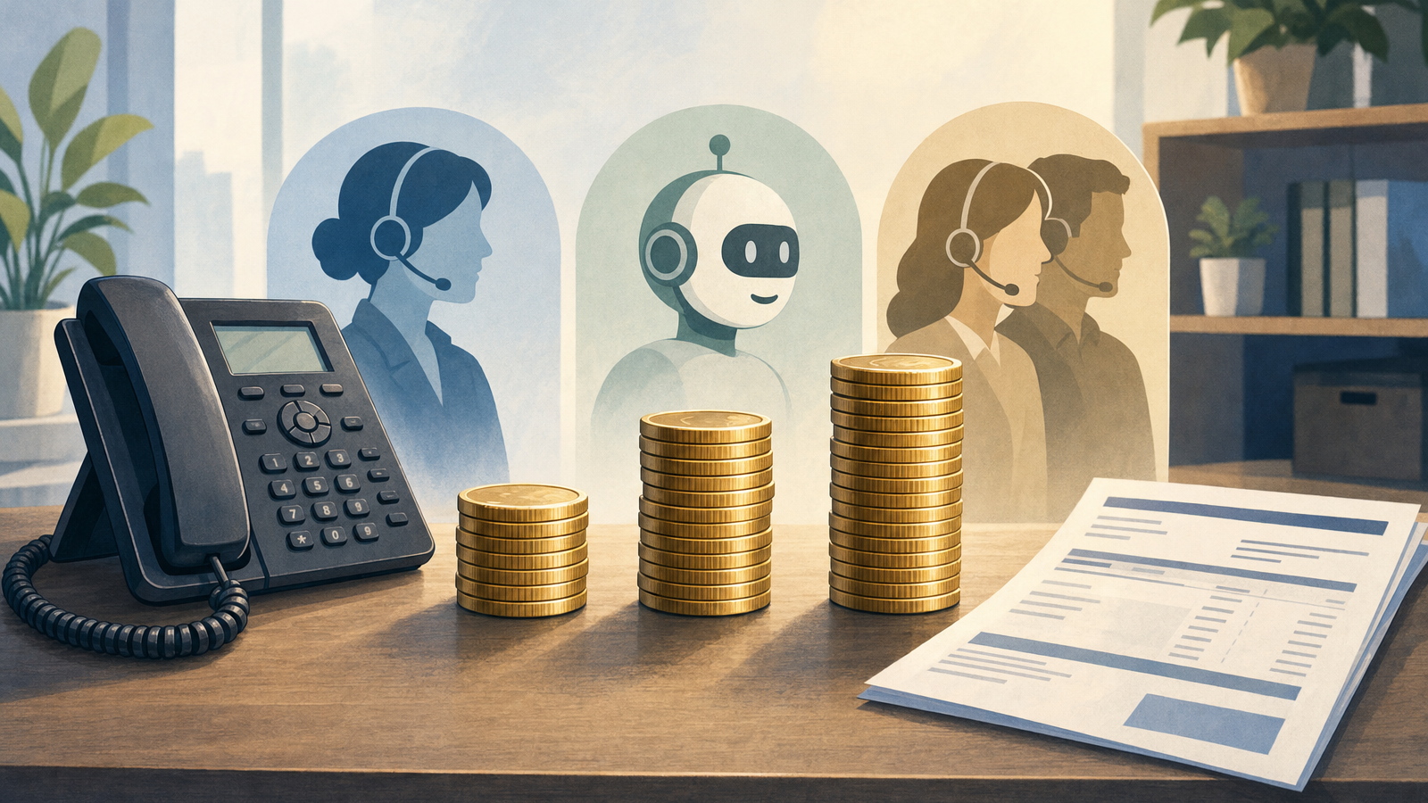 Three stacks of coins increasing in height next to a desk phone and a printed invoice, showing how answering service costs rise with call volume
