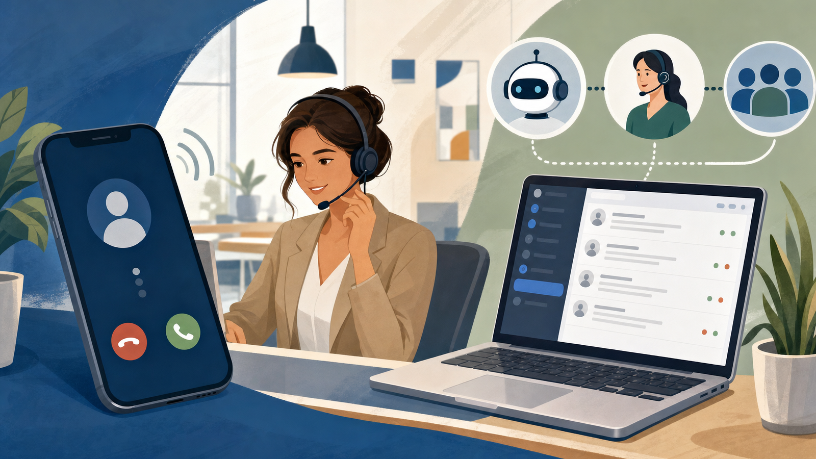 A smartphone receiving a call next to a receptionist with a headset and a laptop inbox, illustrating AI answering routine calls and handing others to a person