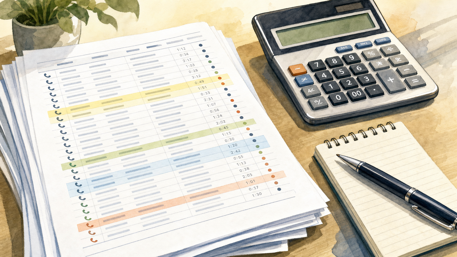 A printed phone call log with highlighted rows beside a calculator and notepad, representing counting and sorting a month of business calls