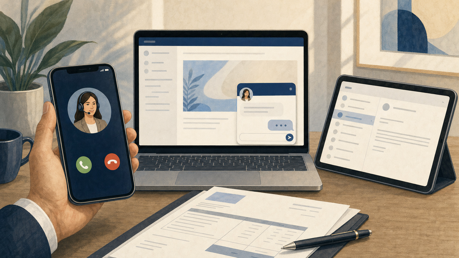 A smartphone, laptop chat widget, tablet inbox, and printed invoice arranged together, representing every place a client or caller meets a white label AI receptionist