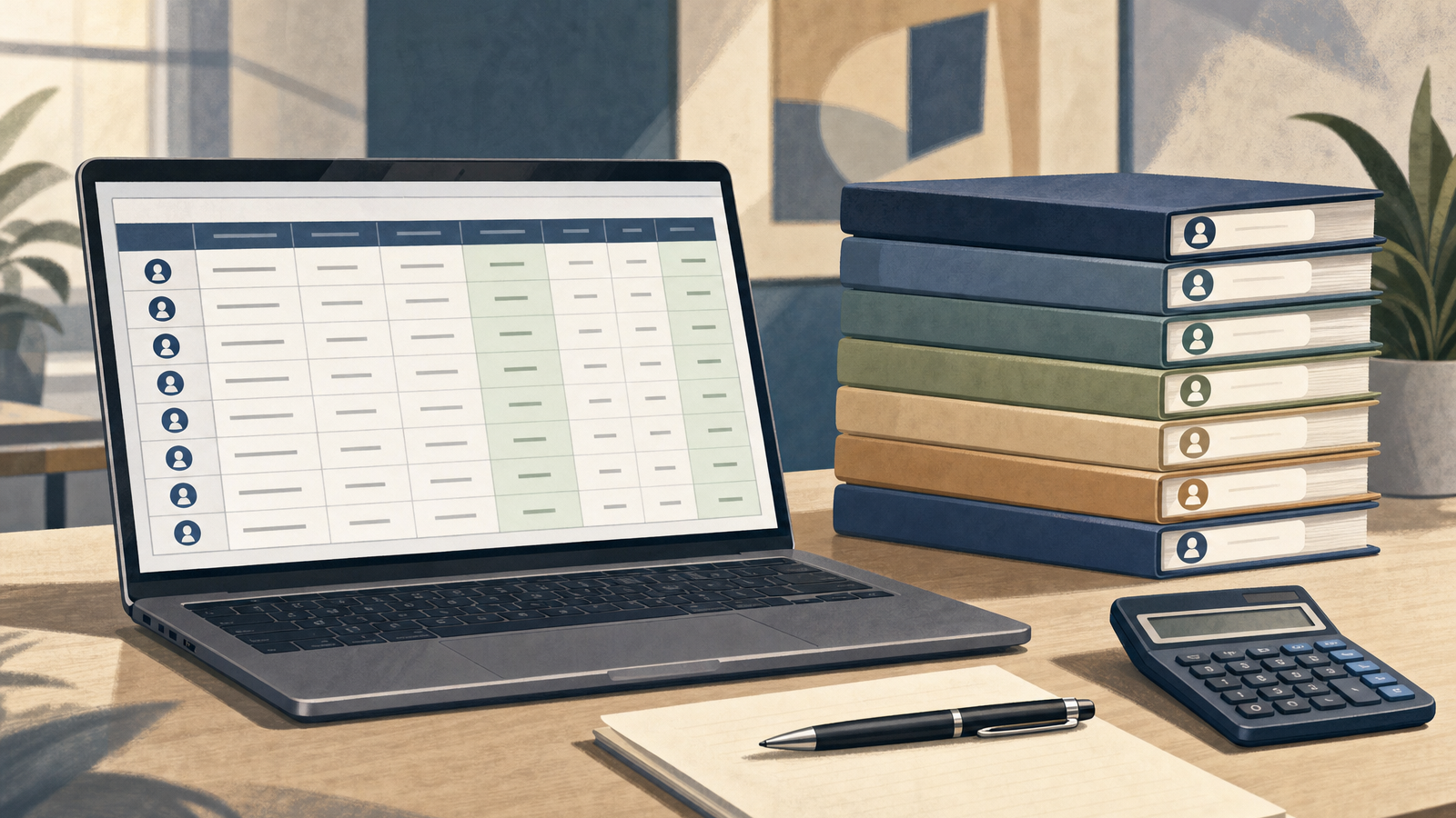 Laptop spreadsheet with rows of client accounts next to eight client folders and a calculator, illustrating per-client margin calculation
