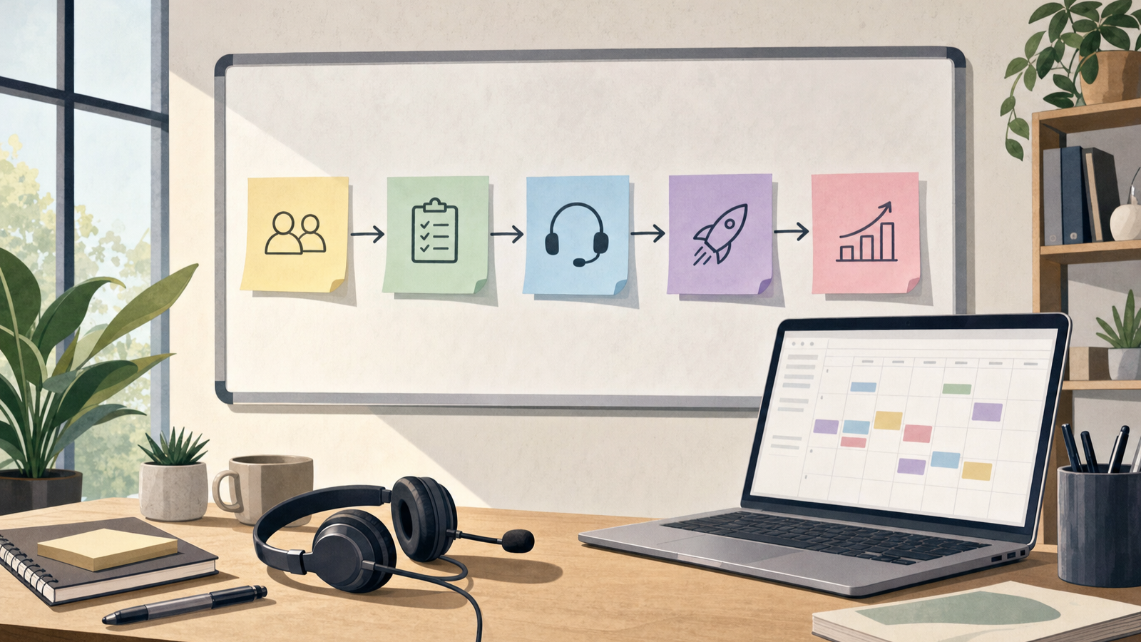 Whiteboard with five connected sticky notes beside a headset and a laptop showing a calendar, representing the five-step client onboarding process